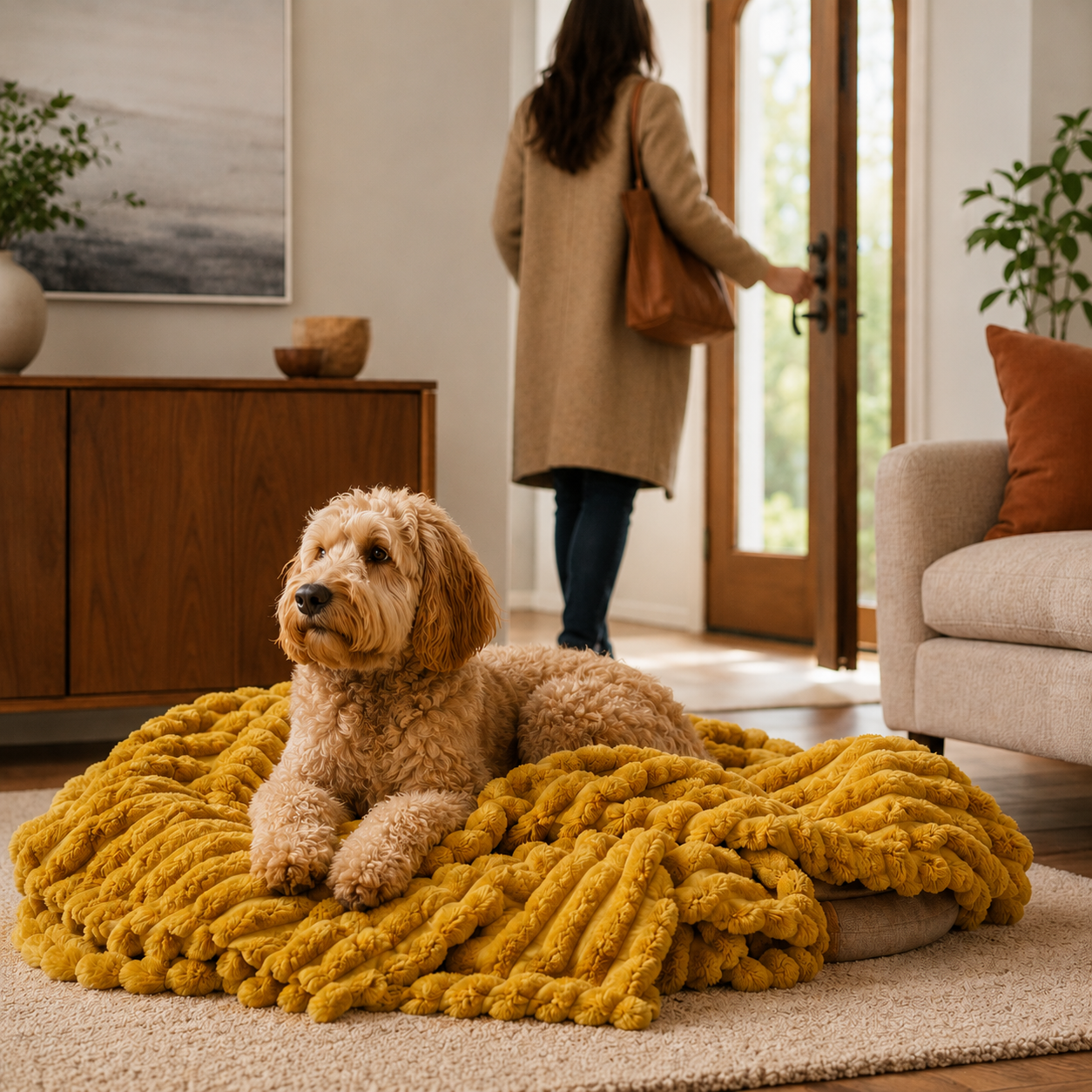 Dog calm on blanket — separation anxiety support